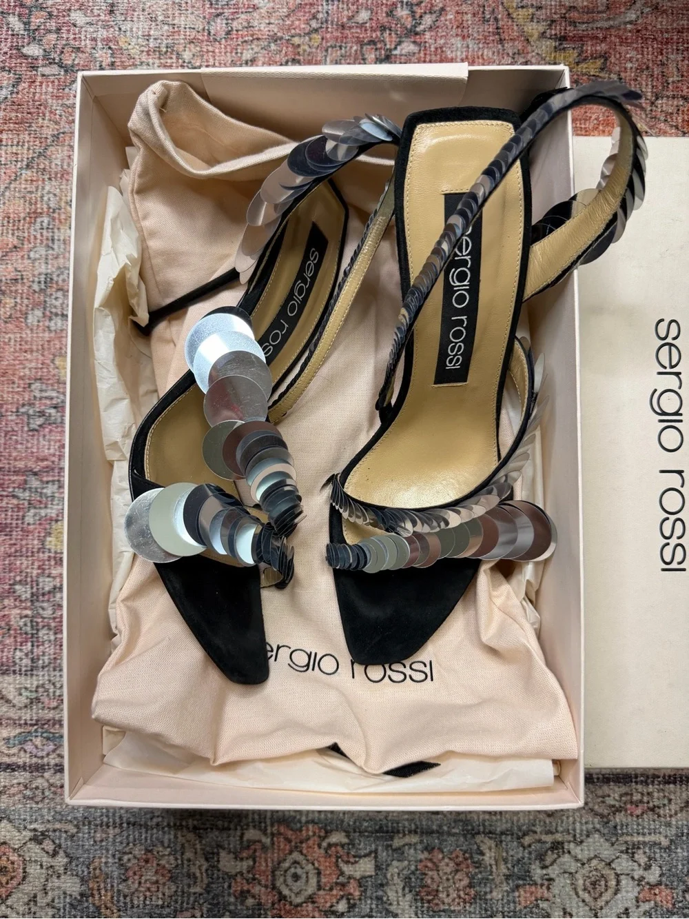 Sergio Rossi Black Spiral Strap Stiletto Sandals Silver Sequins